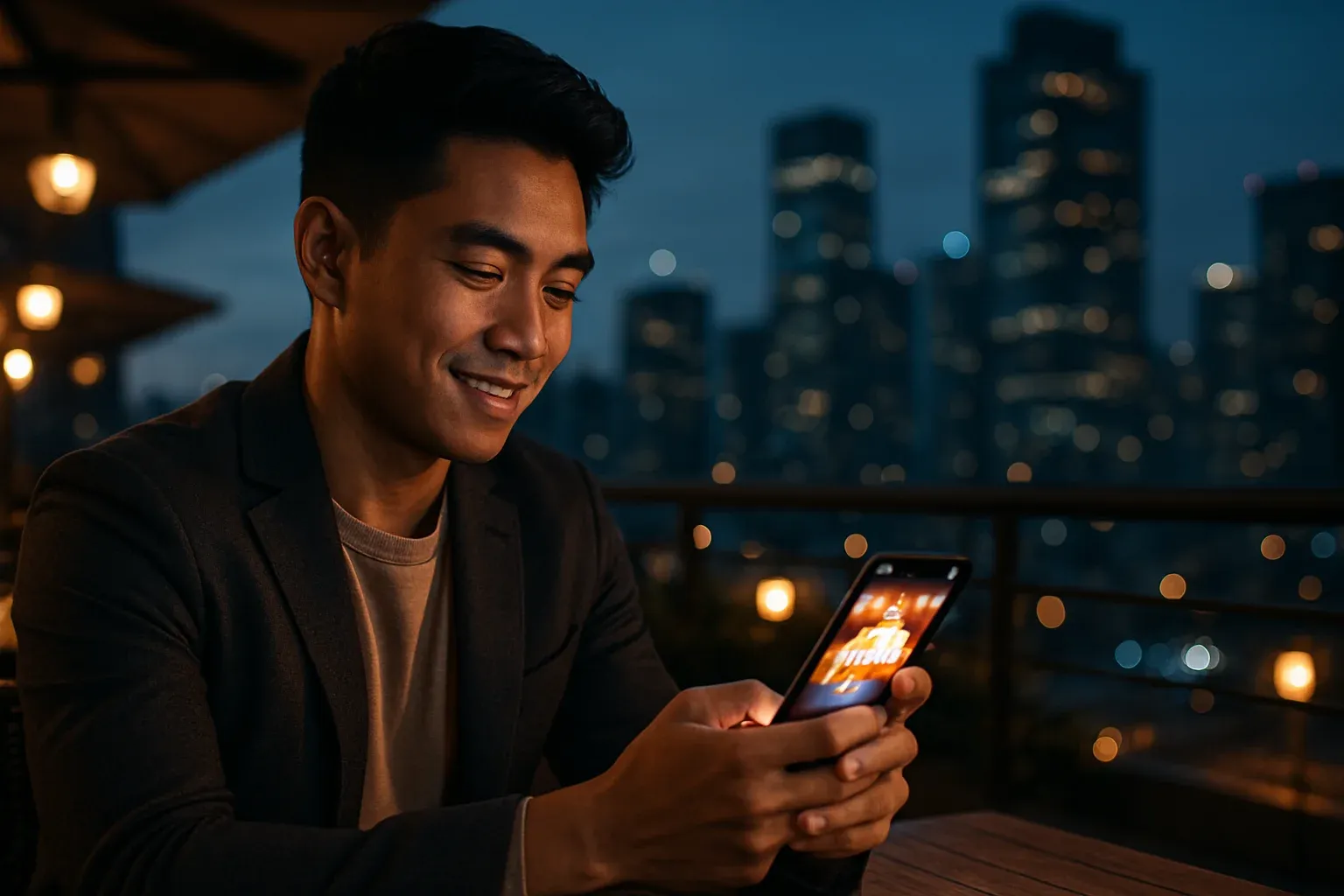 Young Filipino man at BGC rooftop cafe holding smartphone with casino app