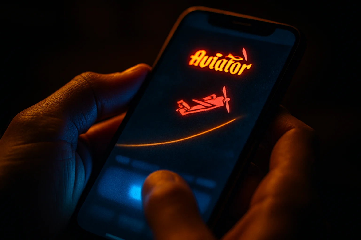 Macro close-up of smartphone showing blurred Aviator crash game interface glow