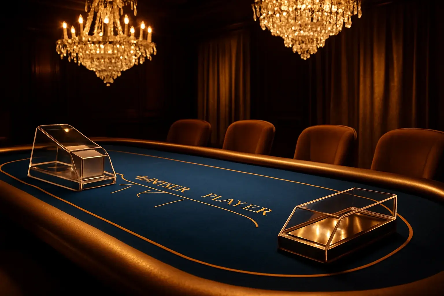 Hyperrealistic wide shot of luxury baccarat table in Philippine casino studio