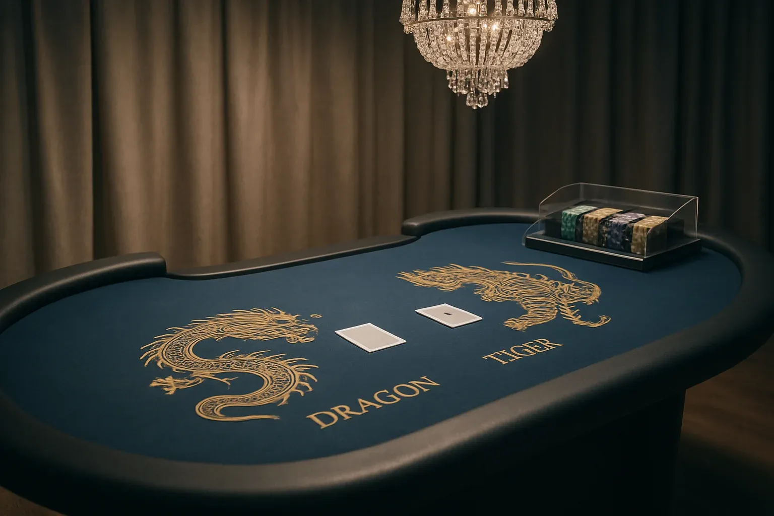 Hyperrealistic wide shot of live Dragon Tiger table in Philippine casino studio