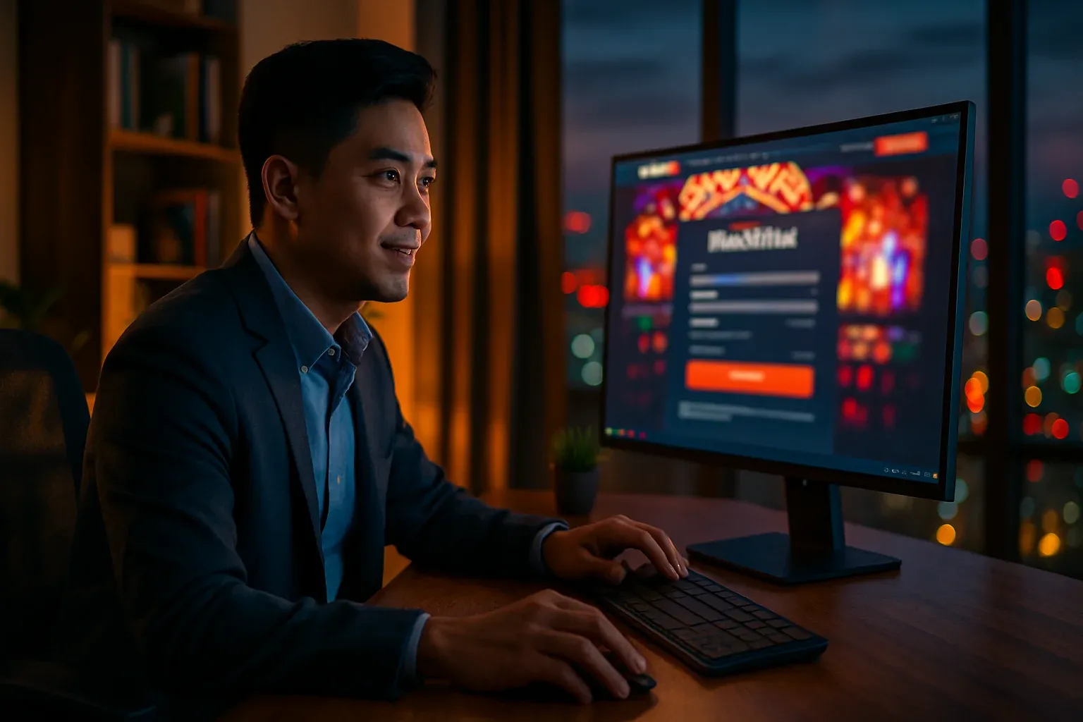 Filipino young professional registering on blurred casino page in Manila home office