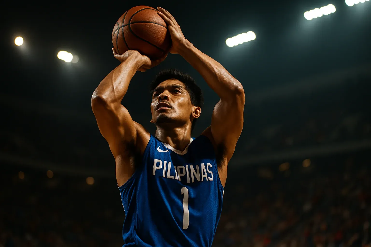 Filipino male basketball player rising for mid-range jump shot under arena floodlights